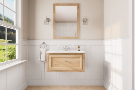 Wandhängendes Badezimmermöbel 80 cm aus Natureiche mit Landhausfront und Keramikwaschtisch