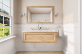 Wandhängendes Natureiche-Badmöbel 120 cm mit Landhausfront und keramischem Doppelwaschtisch