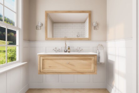 Wandhängendes Natureiche-Badmöbel 120 cm mit Landhausfront und keramischem Doppelwaschtisch