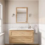 Wandhängendes Badezimmermöbel 120 cm aus Natureiche mit Landhausfront und zwei Softclose-Schubladen