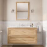 Wandhängendes Badezimmermöbel 120 cm aus Natureiche mit Landhausfront und zwei Softclose-Schubladen