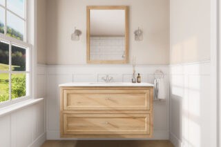 Wandhängendes Badezimmermöbel 120 cm aus Natureiche mit Landhausfront und zwei Softclose-Schubladen