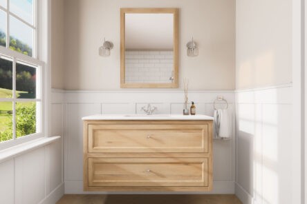 Wandhängendes Badezimmermöbel 120 cm aus Natureiche mit Landhausfront und zwei Softclose-Schubladen