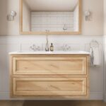 Wandhängendes Natureiche-Badmöbel 120 cm mit Landhausfront und keramischem Doppelwaschtisch (trendy)