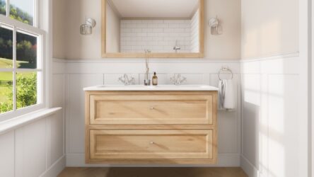 Wandhängendes Natureiche-Badmöbel 120 cm mit Landhausfront und keramischem Doppelwaschtisch (trendy)