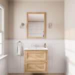 Wandhängendes Badezimmermöbel 70 cm aus Natureiche mit Landhausfront und zwei Softclose-Schubladen