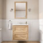 Wandhängendes Badezimmermöbel 70 cm aus Natureiche mit Landhausfront und zwei Softclose-Schubladen