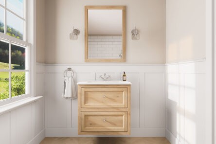 Wandhängendes Badezimmermöbel 70 cm aus Natureiche mit Landhausfront und zwei Softclose-Schubladen