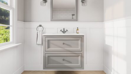 Klassischer Waschtischunterschrank 80 cm in Manor House Grey mit Keramikwaschtisch und 2 Schubladen