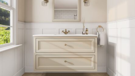 Klassischer Waschtischunterschrank 120 cm in Off-White mit Keramikwaschtisch und 2 Schubladen