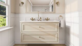 Landhaus-Badezimmermöbel 120 cm in Off-White mit Doppel-Keramikwaschtisch und 2 Schubladen