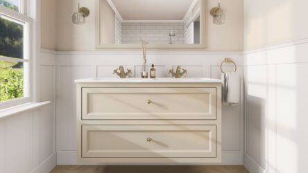 Landhaus-Badezimmermöbel 120 cm in Off-White mit Doppel-Keramikwaschtisch und 2 Schubladen