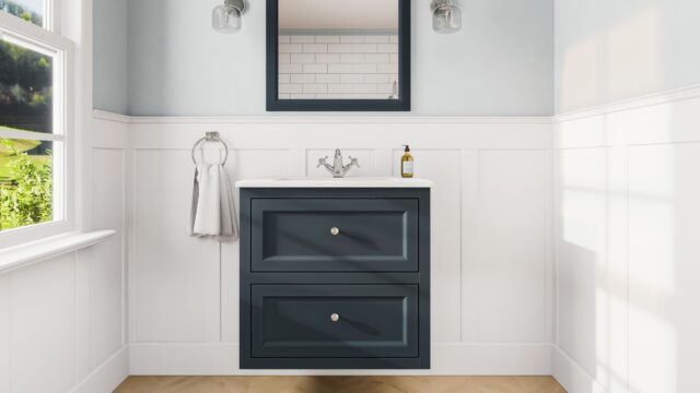 Klassischer Waschtischunterschrank 70 cm in Hague Blue mit Keramikwaschtisch und 2 Schubladen