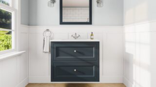 Klassischer Waschtischunterschrank 80 cm in Hague Blue mit Keramikwaschtisch und 2 Schubladen