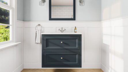 Klassischer Waschtischunterschrank 80 cm in Hague Blue mit Keramikwaschtisch und 2 Schubladen