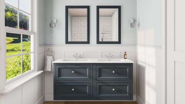Klassischer Waschtischunterschrank 140 cm in Hague Blue mit Keramikwaschtisch und 2 Schubladen