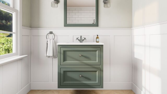 Klassischer Waschtischunterschrank 70 cm in Card Room Green mit Keramikwaschtisch und 2 Schubladen