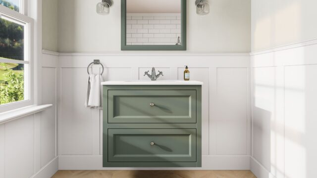 Klassischer Waschtischunterschrank 80 cm in Card Room Green mit Keramikwaschtisch und 2 Schubladen