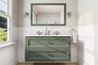 Landhaus-Badezimmermöbel 120 cm in Card Room Green mit Doppel-Keramikwaschtisch und 2 Schubladen