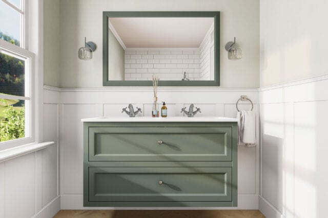Landhaus-Badezimmermöbel 120 cm in Card Room Green mit Doppel-Keramikwaschtisch und 2 Schubladen