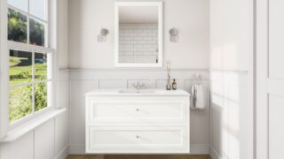 Klassischer Waschtischunterschrank 120 cm in All White mit Keramikwaschtisch und 2 Schubladen