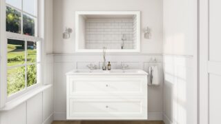 Landhaus-Badezimmermöbel 120 cm in All White mit Doppel-Keramikwaschtisch und 2 Schubladen