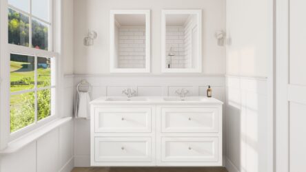 Klassischer Waschtischunterschrank 140 cm in All White mit Keramikwaschtisch und 2 Schubladen