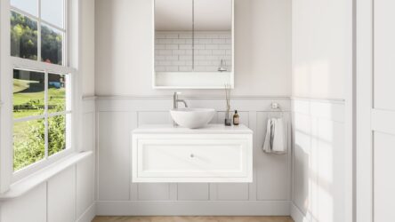 All White klassisches Badezimmermöbel 100 cm im Landhausstil mit Aufsatzwaschbecken