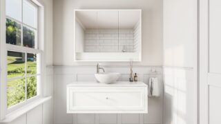 All White klassisches Badezimmermöbel 120 cm im Landhausstil mit Aufsatzwaschbecken (elegant)