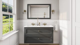 Landhaus-Badezimmermöbel 120 cm in Off-Black mit Doppel-Keramikwaschtisch und 2 Schubladen