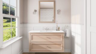 Klassischer Waschtischunterschrank 120 cm in Setting Plaster mit Keramikwaschtisch und 2 Schubladen