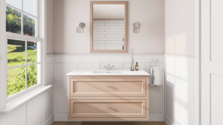 Klassischer Waschtischunterschrank 120 cm in Setting Plaster mit Keramikwaschtisch und 2 Schubladen