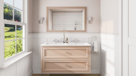 Landhaus-Badezimmermöbel 120 cm in Setting Plaster mit Doppel-Keramikwaschtisch und 2 Schubladen