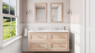 Klassischer Waschtischunterschrank 140 cm in Setting Plaster mit Keramikwaschtisch und 2 Schubladen