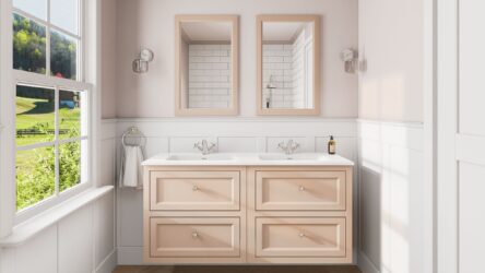 Klassischer Waschtischunterschrank 140 cm in Setting Plaster mit Keramikwaschtisch und 2 Schubladen