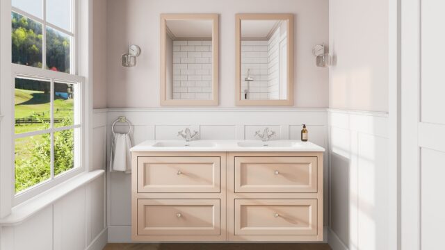 Klassischer Waschtischunterschrank 140 cm in Setting Plaster mit Keramikwaschtisch und 2 Schubladen
