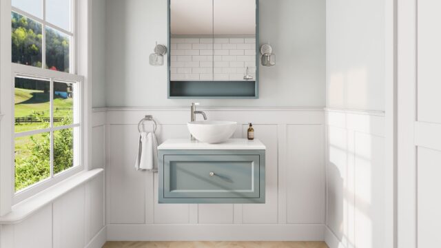 Oval Room Blauer Waschtischunterschrank im Landhausstil mit Keramik Waschbecken und Keramik Waschbecken 100 cm