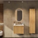 Natureiche Badezimmermöbel 70 cm mit glatter Front, Innenschublade und Solid-Surface-Waschtisch