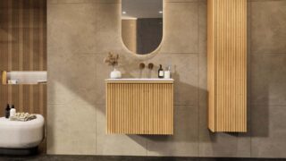 Natureiche Badezimmermöbel 70 cm mit glatter Front, Innenschublade und Solid-Surface-Waschtisch
