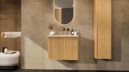 Natureiche Badezimmermöbel 70 cm mit glatter Front, Innenschublade und Solid-Surface-Waschtisch