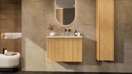 Natureiche Badezimmermöbel 80 cm mit glatter Front, Innenschublade und Solid-Surface-Waschtisch