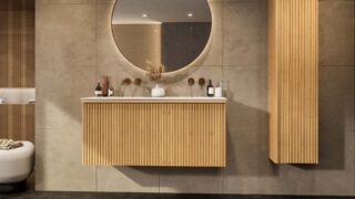 Natureiche Badezimmermöbel 120 cm mit glatter Front, Innenschublade und doppeltem Solid-Surface-Waschtisch