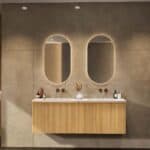 Natureiche Badezimmermöbel 160 cm mit glatter Front, Innenschublade und doppeltem Solid-Surface-Waschtisch