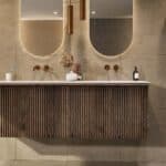 Dunkeleiche Badezimmermöbel 160 cm mit glatter Front, Innenschublade und doppeltem Solid-Surface-Waschtisch