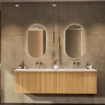Natureiche Badezimmermöbel 200 cm mit glatter Front, Innenschublade und doppeltem Solid-Surface-Waschtisch