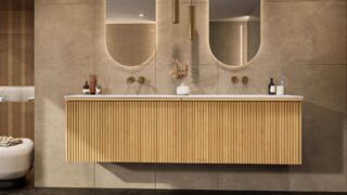 Natureiche Badezimmermöbel 200 cm mit glatter Front, Innenschublade und doppeltem Solid-Surface-Waschtisch