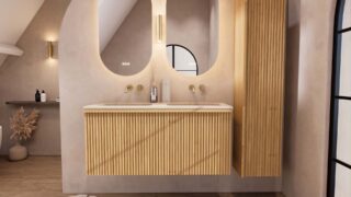 Natureiche Badezimmermöbel 120 cm mit glatter Front, Innenschublade und beigem Kalkstein-Doppelwaschtisch