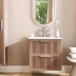 Wandhängendes Badezimmermöbel 70 cm aus dunkler Eiche mit Landhausfront und zwei Softclose-Schubladen