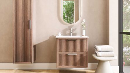 Wandhängendes Badezimmermöbel 70 cm aus dunkler Eiche mit Landhausfront und zwei Softclose-Schubladen