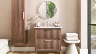 Wandhängendes Badezimmermöbel 80 cm aus dunkler Eiche mit Landhausfront und zwei Softclose-Schubladen